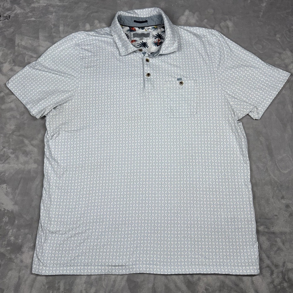 Ted Baker Polo Shirt Mens 7 White Blue Geometric Print Short Sleeve Tropical